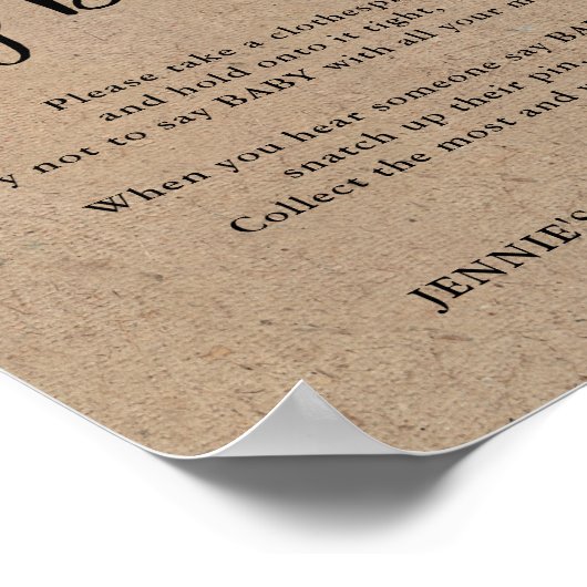 Rustic Kraft Script Zeg geen Baby game Poster (Hoek)