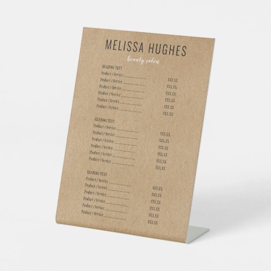 Rustic Kraft Service Menu prijslijst Reclamebord Met Voetstuk (Voorkant)