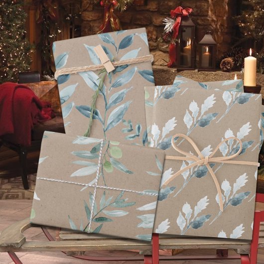 Rustic Kraft Silver Blue Winter Greenery Inpakpapier Vel