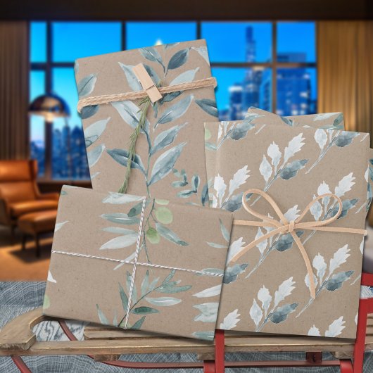 Rustic Kraft Silver Blue Winter Greenery Inpakpapier Vel