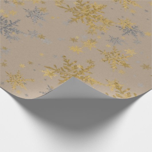 Rustic Kraft Silver & Gold Snowflakes Cadeaupapier (Hoek)