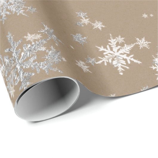 Rustic Kraft Silver & White Snowflakes Cadeaupapier (Rol Hoek)
