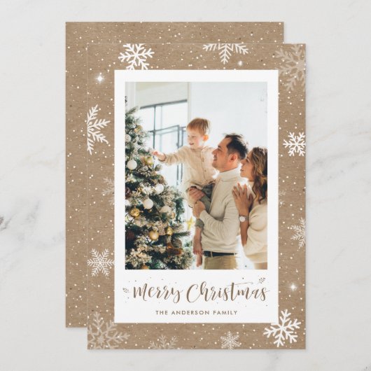 Rustic Kraft Snowflake Foto Kaart (Voorkant / Achterkant)