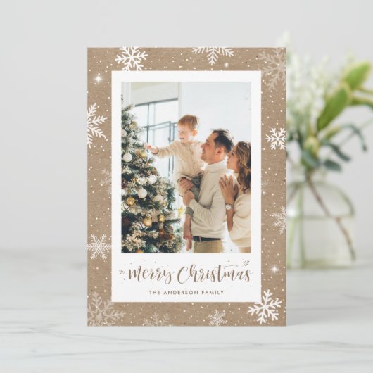 Rustic Kraft Snowflake Foto Kaart (Staand voorkant)