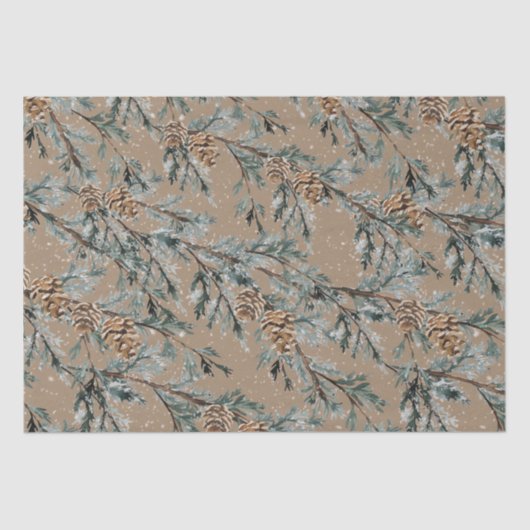 Rustic Kraft Snowy Blue Juniper Branches & Cones Tissuepapier (Voorkant)