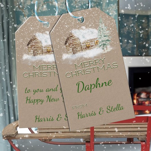 Rustic Kraft Snowy Log Cabin Winter Scene Cadeaulabel