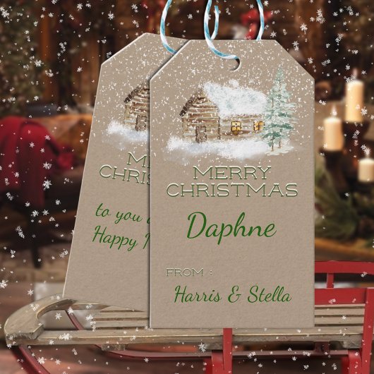 Rustic Kraft Snowy Log Cabin Winter Scene Cadeaulabel
