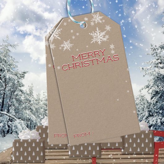 Rustic Kraft Snowy Red Merry kerstschrijf Cadeaulabel