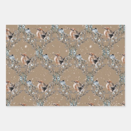 Rustic Kraft Snowy Winter Birds Nesting Inpakpapier Vel (Voorkant)