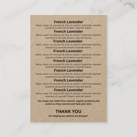 Rustic Kraft Soap Scent Ingredients List Logo Visitekaartje (Achterkant)