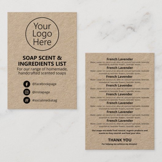 Rustic Kraft Soap Scent Ingredients List Logo Visitekaartje (Voorkant / Achterkant)