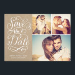 Rustic Kraft sparen de datum collage Save The Date<br><div class="desc">Dit sparen de datumfotokaart kenmerkt een 3 foto collage,  zwiep handgeschreven kalligrafie kunstwerk en een faux document van de kraft textuur. Bezoek onze ontwerperwinkel om meer te zien!</div>