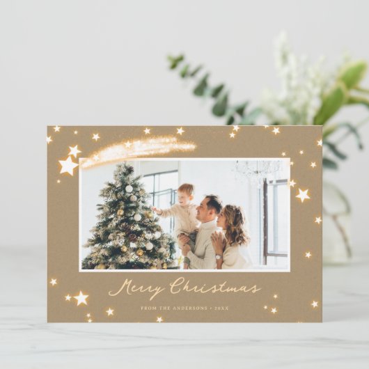 Rustic Kraft Sparkly Star-kerstkaarten Feestdagenkaart (Staand voorkant)