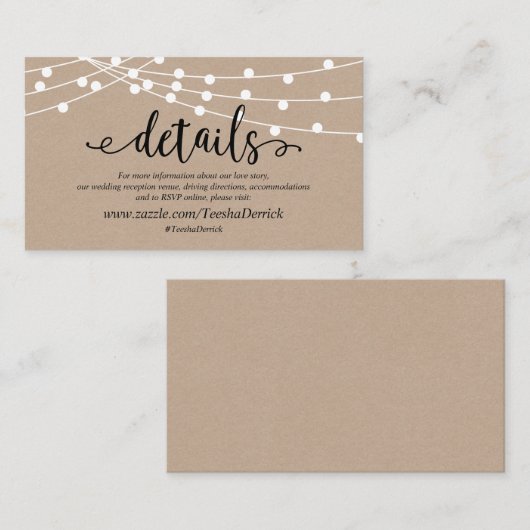 Rustic kraft string light, Wedding Details website Informatiekaartje (Voorkant / Achterkant)