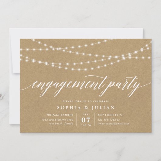 Rustic Kraft String Lights Engagement Party Kaart (Voorkant)