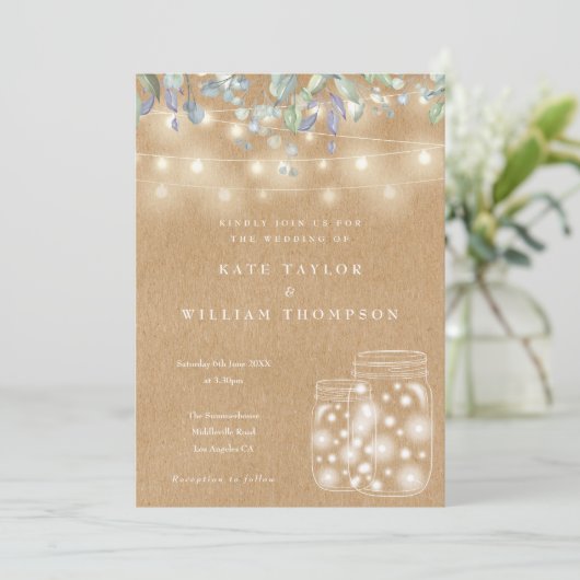 Rustic Kraft String Lights Mason Jar Wedding Kaart (Staand voorkant)