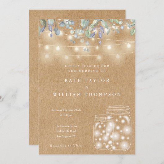 Rustic Kraft String Lights Mason Jar Wedding Kaart (Voorkant / Achterkant)