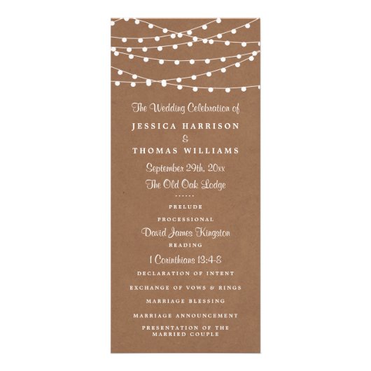 Rustic Kraft String Lights Trouwprogramma Reclamekaart (Voorkant)