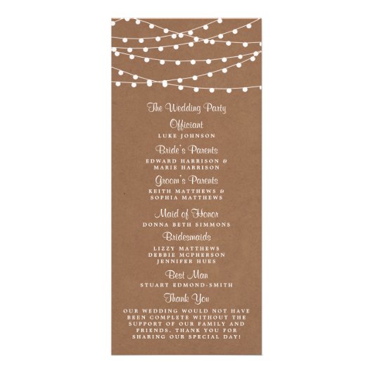 Rustic Kraft String Lights Trouwprogramma Reclamekaart (Achterkant)