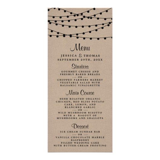 Rustic Kraft String Lights Wedding Menu (Voorkant)