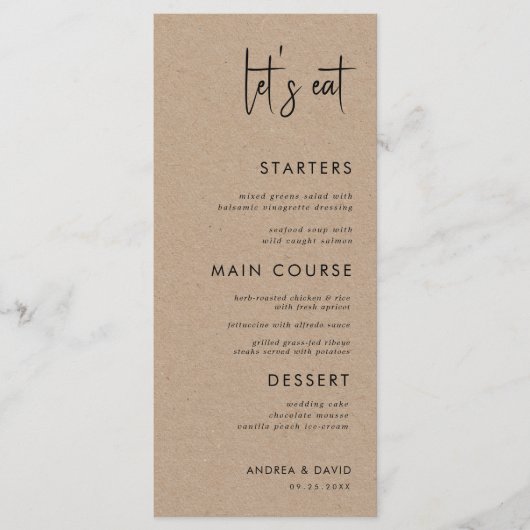 Rustic Kraft Style Laten we het simpele bruiloft v Menu (Voorkant)