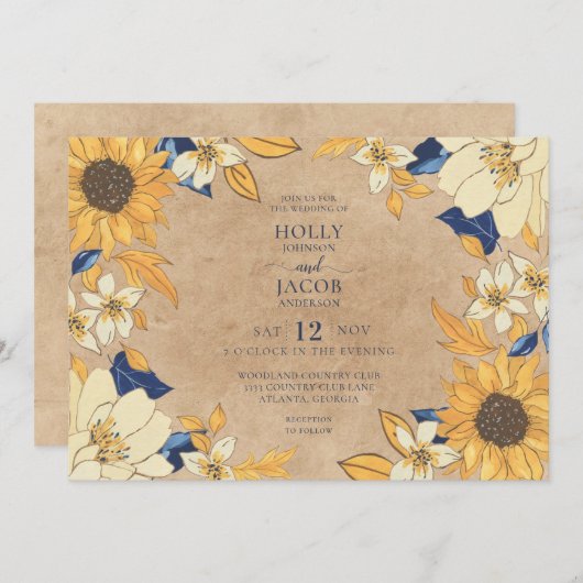 Rustic Kraft Sunflower Blue Yellow Floral Wedding Kaart (Voorkant / Achterkant)