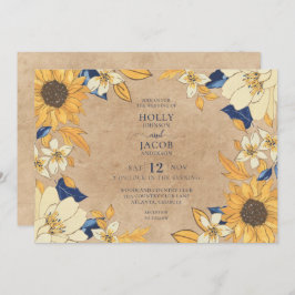 Rustic Kraft Sunflower Blue Yellow Floral Wedding Kaart