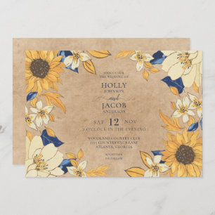 Rustic Kraft Sunflower Blue Yellow Floral Wedding Kaart