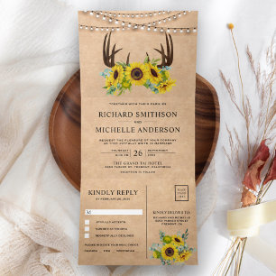 Rustic Kraft Sunflower Floral Antlers Weddenschap Drieluik Uitnodiging