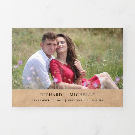 Rustic Kraft Sunflower Floral Antlers Weddenschap Drieluik Uitnodiging (Cover)