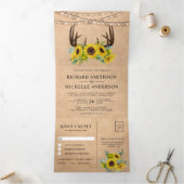 Rustic Kraft Sunflower Floral Antlers Weddenschap Drieluik Uitnodiging (Binnen)