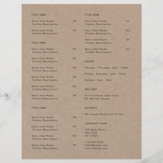Rustic Kraft Takeout | Menu Restaurant Takeaway (Achterkant)
