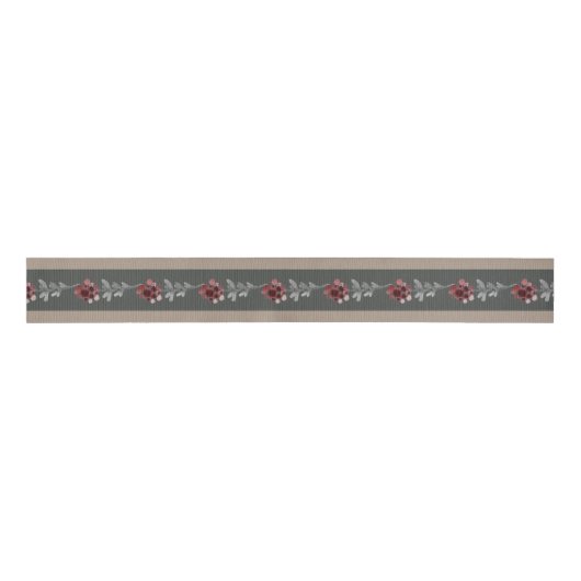 Rustic Kraft Thick Grey Centre Stripe Floral 3" Grosgrain Lint (Voorkant)