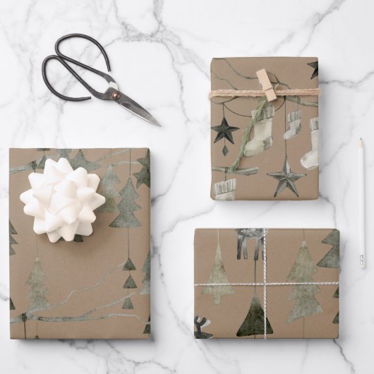 Rustic Kraft Tree Branch kerstversieringen Inpakpapier Vel (Voorkant)