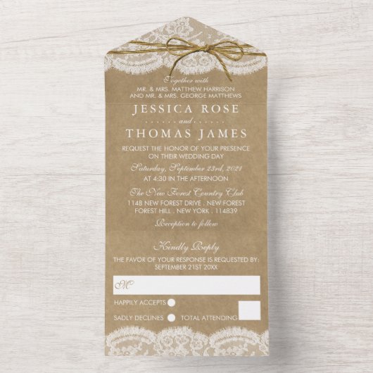 Rustic Kraft & Twine Bow Wedding All In One Uitnodiging (Binnen)