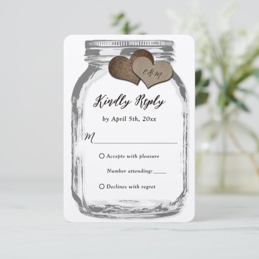 Rustic Kraft Two Hearts Mason Jar Wedding RSVP (Staand voorkant)