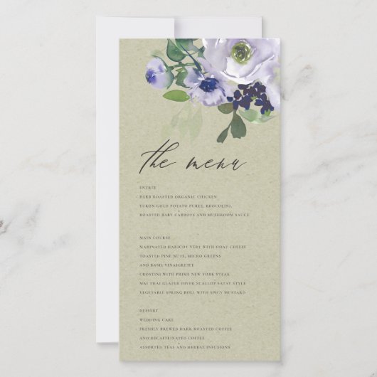 Rustic Kraft Violet Paarse Floral Leafy Menu Kaart (Voorkant)