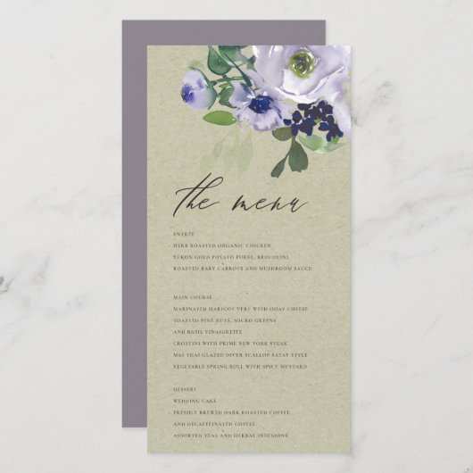Rustic Kraft Violet Paarse Floral Leafy Menu Kaart (Voorkant / Achterkant)