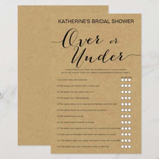 Rustic Kraft Vrijgezellenfeest Game PRINED (Voorkant / Achterkant)