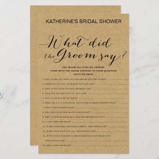 Rustic Kraft Vrijgezellenfeest Game PRINED (Voorkant / Achterkant)