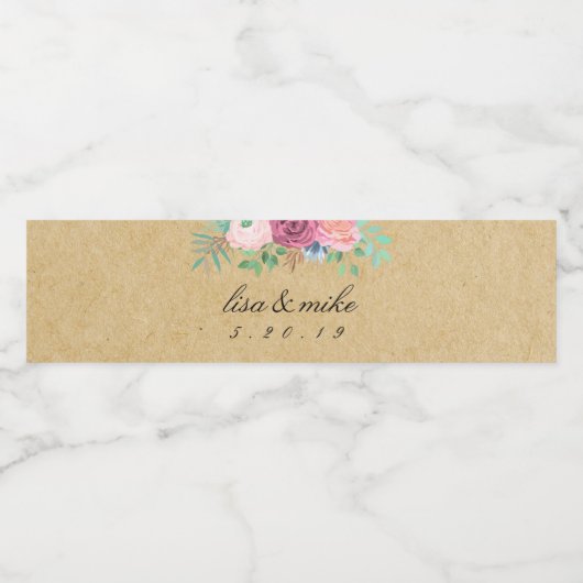 Rustic Kraft Waterverf Bloemen Huwelijk Waterfles Etiket (Enkel label)