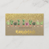 Rustic, Kraft, Waterverf Cactus Gold Glitter Visitekaartje (Voorkant)