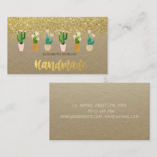 Rustic Kraft, Waterverf Cactus Plant Gold Glitter Visitekaartje (Voorkant / Achterkant)