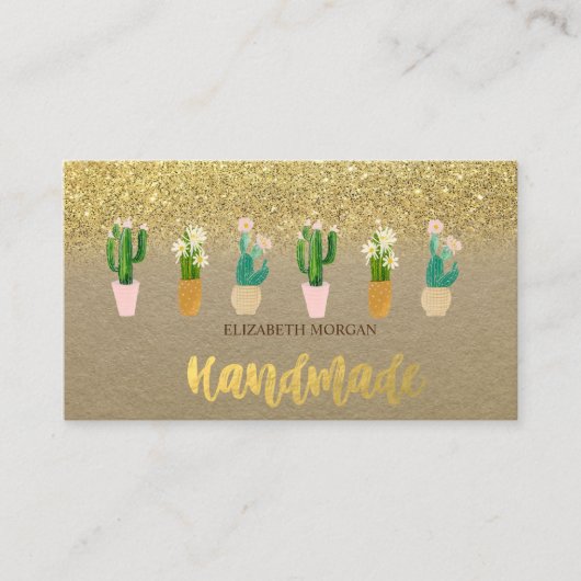 Rustic Kraft, Waterverf Cactus Plant Gold Glitter Visitekaartje (Voorkant)