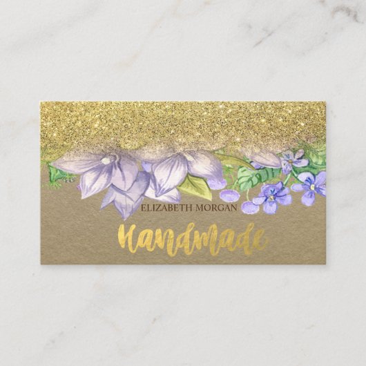 Rustic, Kraft, Waterverf Flowers, Glitter Visitekaartje (Voorkant)