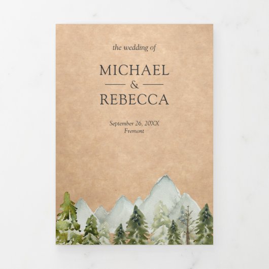 Rustic Kraft Waterverf Mountain Pine Tree Wedding Drieluik Uitnodiging (Cover)