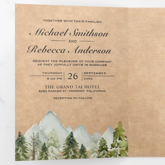 Rustic Kraft Waterverf Mountain Pine Tree Wedding Drieluik Uitnodiging (Binnenzijde eerst)