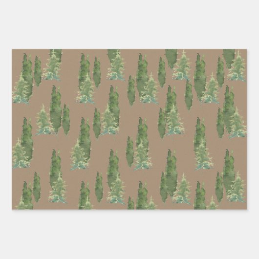 Rustic Kraft Waterverf Woodland Evergreen Trees Inpakpapier Vel (Voorkant 3)