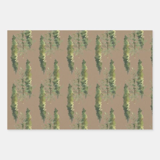 Rustic Kraft Waterverf Woodland Evergreen Trees Inpakpapier Vel (Voorkant 2)