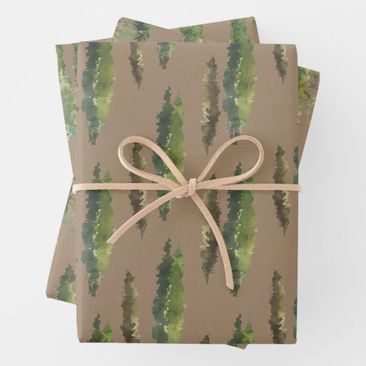 Rustic Kraft Waterverf Woodland Evergreen Trees Inpakpapier Vel (In situ)